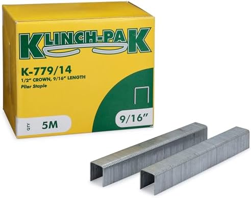 K-779/14, 9/16” Leg Length by 1/2" Wide Crown Heavy-Duty Galvanized Plier Staples, 5000 Per Package, for stapling Trays, Lids, Bags, Header Cards, Fastening End Caps and Container Inserts by Klinch-Pak