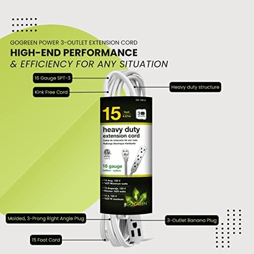 Go Green Power Inc. 15ft Extension Cord with 3 Outlets, White - Compact, Flush-Fit Design, Heavy Duty, Grounded Plug - Ideal for Home & Small Appliances - GG-19615 - Image 5
