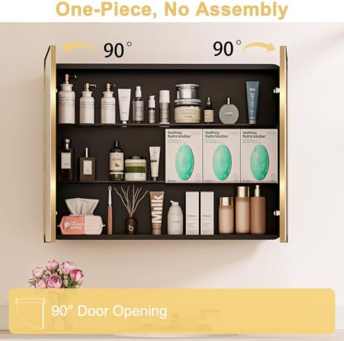 32x24 in Brushed Gold Double Door Medicine Cabinet with Mirror, Gold - Image 5