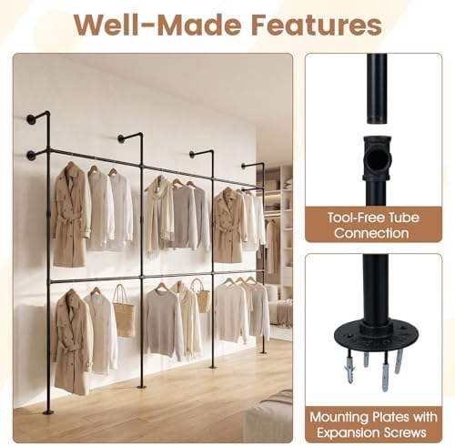 Giantex Industrial Pipe Clothing Rack, 118" Wall Mounted Heavy-Duty Metal Garment Organizer with 6 Hanging Rods, 2-Tier Walk-in Closet System for Wardrobe Closet, Retail Display - Image 6