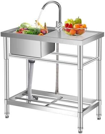 Stainless Steel Utility Sink with Faucet & Workbench, Commercial Freestanding Single Bowl Sink with Hot & Cold Water Pipes, Storage Shelf for Restaurant, Kitchen, Garage, Laundry, Outdoor (30in) by Garvee