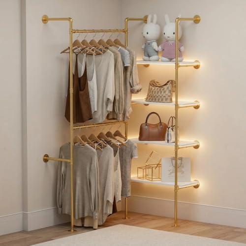 Industrial Pipe Clothing Rack with LED Lights& Shelves - Image 5