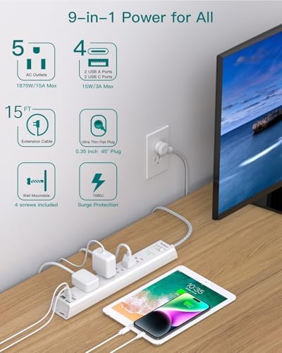 2 Pack Surge Protector Power Strip -15ft Extension Cord, 5 Outlets 4 USB - Image 3