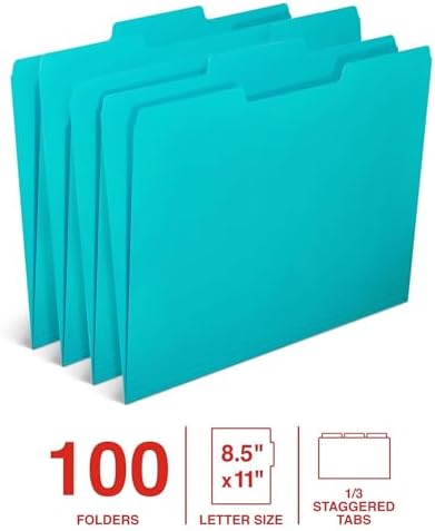 Staples Colored File Folders, Letter Size, 1/3-Cut Tabs, Teal, 100/Bx - Image 2