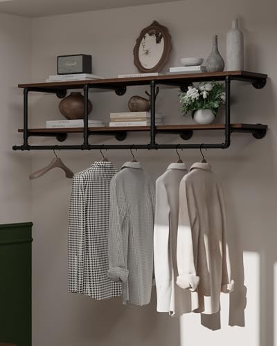 Wall Mounted Clothes Rack 12 Inch Deep, 60 Inch Heavy Duty Garment Rack with Real Walnut Wood Shelf, Multi-Purpose Hanging Rod & Space-Saving Closet Storage Organizer by INDUSTRIALSHELVESDESIGN