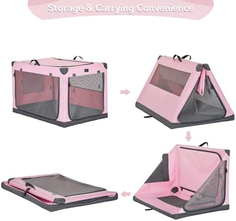 PETSFIT 40" Soft Portable Dog Crate – Patented Spiral Sturdy Frame, Collapsible Travel Kennel for Large Dogs, 3 Mesh Door, Lockable Zippers, Indoor & Car Use Pink - Image 6