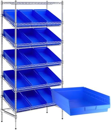 18" x 36" x 74" Heavy-Duty Commercial Chrome Shelving Unit with 15 Blue Storage Bins - Metal Wire Utility Shelf for Tool, Office, Garage, and Warehouse Organization - Durable Storage Cabinet by Zedfire