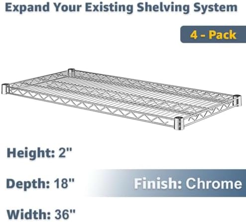 600 lb Capacity 18" x 36" NSF Wire Shelves 4-Pack Chrome, High Load Metal Storage Rack Add-On Kit - Image 2