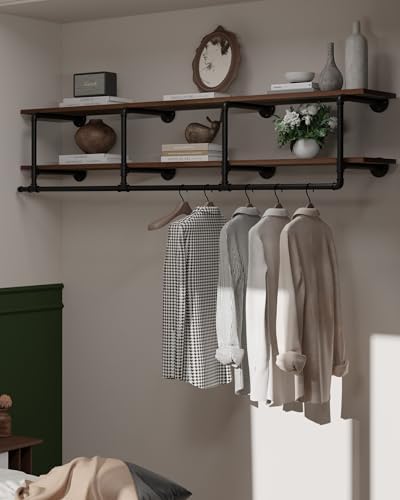 Wall Mounted Clothes Rack 12 Inch Deep, 72 Inch Heavy Duty Garment Rack with Real Walnut Wood Shelf, Multi-Purpose Hanging Rod & Space-Saving Closet Storage Organizer by INDUSTRIALSHELVESDESIGN