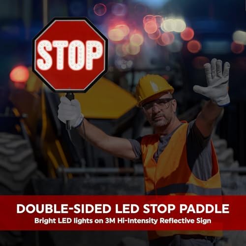 SmartSign 12" LED Stop Paddle, Rechargeable Battery & Charger, 2-Sided Reflective Hand Held Aluminum Sign with Strap, Steady/Flashing Light Modes, Foam-Padded Grip, 1-Pack - Image 2