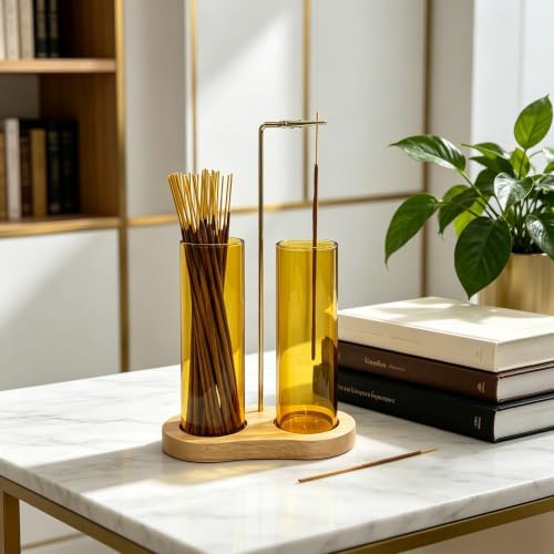 Yellow Glass Incense Holder, Incense Sticks Burner Holder with Storage,Hang Upside Down Incense Holder for Sticks with Glass Ash Catcher for Meditation Yoga Spa Room Decor (Yellow) - Image 5
