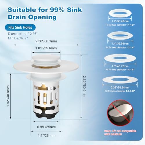 Hibbent Universal Bathroom Sink Drain Strainer, 3 in 1 Pop Up Stopper - Image 2