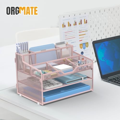 3 Tier Mesh Paper Desk Organizer with Pen Holders, Pink - Image 7