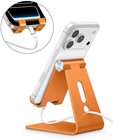 OMOTON Adjustable Cell Phone Stand, Aluminum Desktop Cellphone Stand with Anti-Slip Base and Convenient Charging Port, Fits All Smart Phones, Orange - Image 6