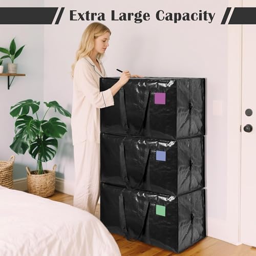 6 Pack Moving Bags with Full-Open Side Zipper, Extra Large 93L Heavy Duty Waterproof Foldable Storage Totes for College Dorm, Moving & Home Organization Black - Image 4