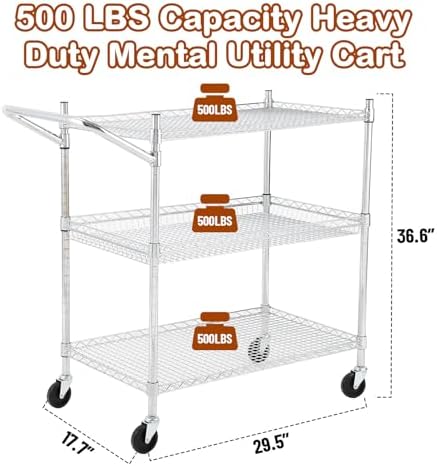 3-Tier Rolling Utility Cart 500 Lbs Capacity Rolling Carts, Wire Rolling Cart with Handle Bar Commercial Rolling Storage Trolley Utility Shelf Plant Display Shelf Food Cart, Low Handle - Image 3