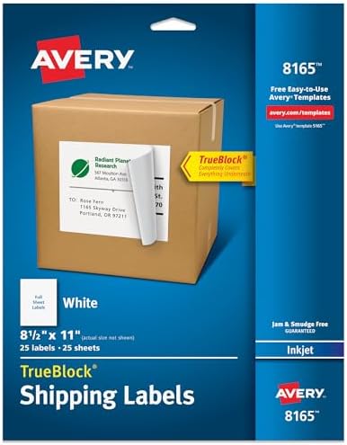 Avery Full-Sheet Printable Shipping Labels, 8.5" x 11" Customizable Stickers, White, 25 Blank Mailing Labels, Great for Mailing, Shipping, Organizing, and More (8165) by Avery