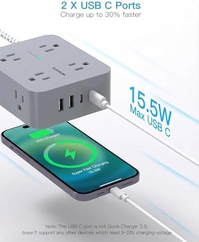 HANYCONY Surge Protector Power Strip 15 Ft Long Cord, 1080J, Flat Plug - Image 4