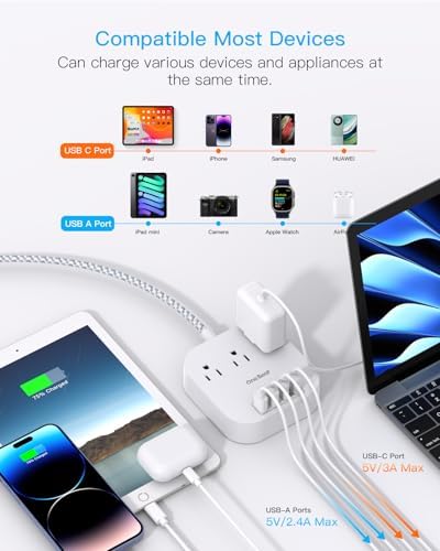 One Beat Power Strip with USB C, 10ft Braided Extension Cord, 22.5W - Image 6