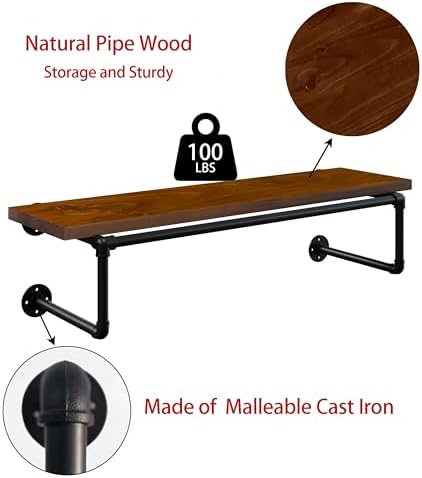 Clothes Rack 36in, Wall Mounted Garment Racks with Real Walnut Wood Shelves, Heavy Duty Hanging Clothes Rack, Multi-Purpose Hanging Rod, Space-Saving Closet Storage - Image 3
