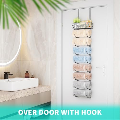 HapiRm Towel Racks for Bathroom Storage - 9 Tier Over The Door & Wall Mount Rolled Towel Storage Organizer Holder with Metal Shelf Basket for Small Bathroom, Camper, Rv - Sliver, Patented - Image 4