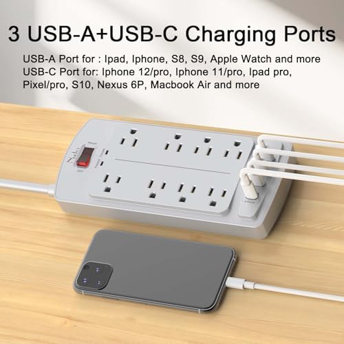 Surge Protector Power Strip - Nuetsa Flat Plug Extension Cord with 8 Outlets and 4 USB Ports, 6 Feet Power Cord, 2700 Joules, ETL Listed, Grey - Image 3