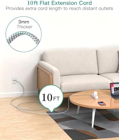 10FT Power Strip, 13-in-1 Long Extension Cord with Multiple Outlets with 9 Wide Spaced Outlets and 4 USB Ports, Flat Plug Wall Mount Charging Station for College Dorm Room Essentials, Office, White - Image 2