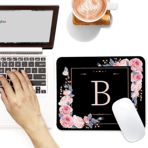 Letter B Black and Pink Flowers Square Mouse Pad, Mouse Pad with Stitched Edge and Non-Slip Rubber Base,Mouse Mat,Home Office Decor Desk Accessories,9.4x7.8x0.12 inch Square Mouse Pad - Image 2