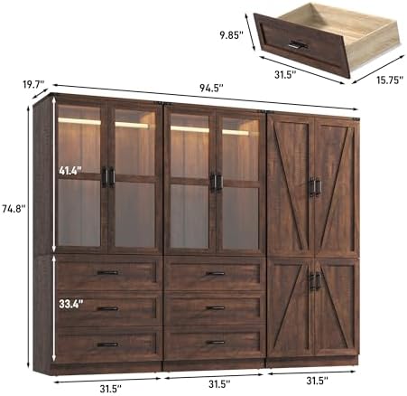 Hlivelood 75" Tall Farmhouse 6 Doors Armoire Wardrobe Closet with 6 Drawers and LED,Freestanding Closet Wardrobe Cabinet for Bedroom with Hanging Rod,Wooden Armoire Storage Cabinet(Brown 6 Doors 2) - Image 2