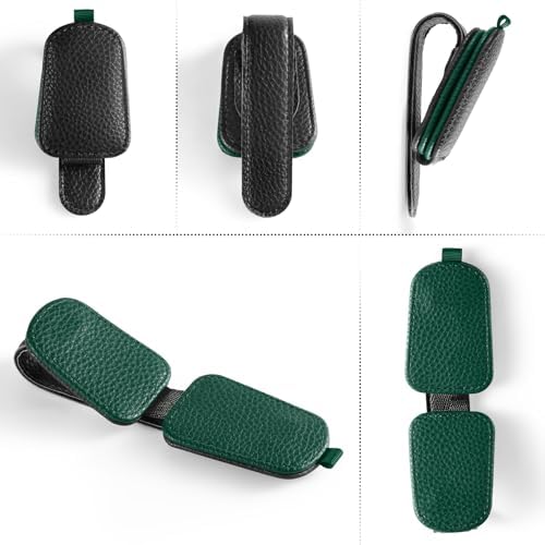 SINGARO Sunglasses Holder for Car, Leather Magnetic Buckle Sun Visor Sunglass Clip, Ticket Card Storage Glasses Clip, Car Interior Accessories for Men and Women（Black-Green） - Image 4