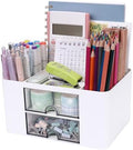Meiikun Plastic Pen Organizer, Multifunctional Desk Organizer with 2 Drawers, 4 Compartments & a Top Tray, Pencil Holder Desktop Organizers and Accessories for Office, 7.7" x 5.5" x 3.9" (White) by Meiikun