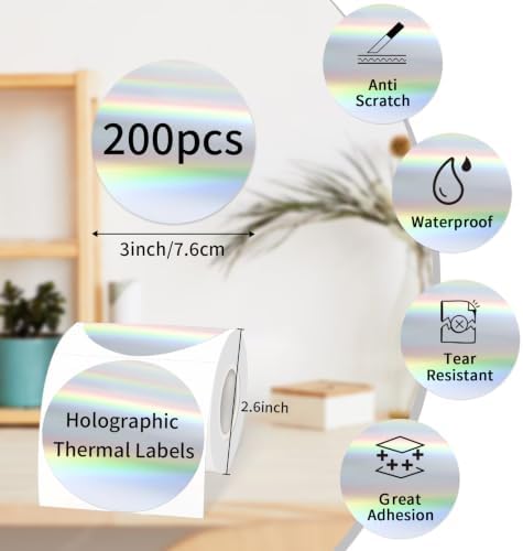 3 Inch Holographic Round Thermal Labels, Direct Thermal Stickers, Printable Labels for DIY Logo Design, QR Code, Name Tag, Price Tag & Packaging, 200Pcs/Roll - Image 3