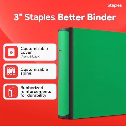 Staples Heavy-Duty 3-Inch D-Ring Binder, Green, Holds 600 Sheets - Image 2