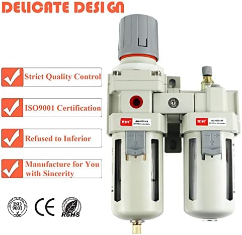 RIH Pneumatics 1/2" NPT Compressed Air Filter Regulator Lubricator Combo Water/Oil Trap Separator - Gauge(0-150 psi), Semi-Auto Drain, Poly Bowl,Bracket - 3 in 1 Two Unit (1/2" NPT) - Image 6