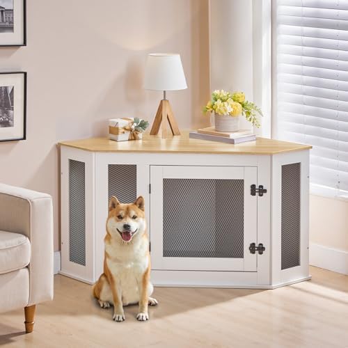 MAHANCRIS Corner Dog Crate Furniture, Wooden Dog Kennel End Table, Decorative Pet Crate Indoor Use, Furniture Style Dog House for Small Medium Dog, Dog Cage TV Stand, White and Natural DCBN0801 - Image 4