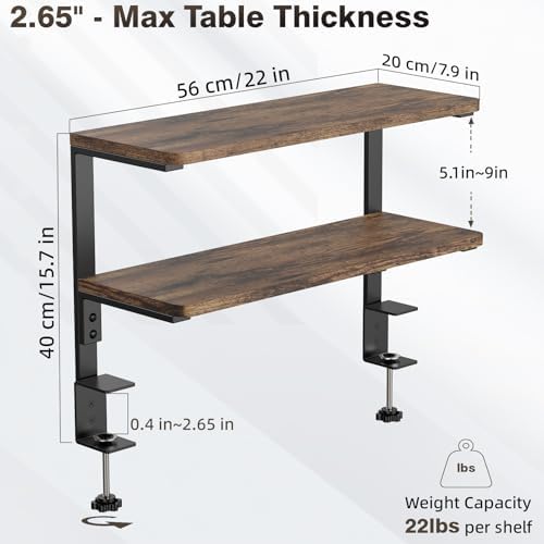 2-Tier Desk Extender, 22-inch Clamp-On Desk Shelf, Height-Adjustable Desktop Shelf Organizer for Monitors Office and Gaming Accessories, Arm Support Table Extension, Dark Brown - Image 3