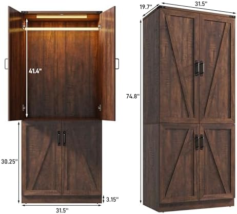 Hlivelood 75" Tall Farmhouse 2 Doors Armoire Wardrobe Closet with LED,Freestanding Closet Wardrobe Cabinet for Bedroom with Hanging Rod,Wooden Armoire Storage Cabinet with Adjustable Shelves(Brown) - Image 2