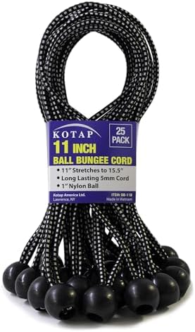 Kotap BB-11B Ball Bungee Cord, Heavy-Duty & Versatile, Indoor & Outdoor, Tarp Tie-Down, Organize & Secure, 11 Inch, Black, 25 Pack by Kotap