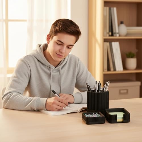 Aesthetic Desk Organizers and Accessories Set of 3 with Pen Holder,Paperclip Holder,Sticky Note Holder - Durable Plastic Pencil Holder for Office Women Men-Teacher Appreciation/Back-to-school Gift - Image 2