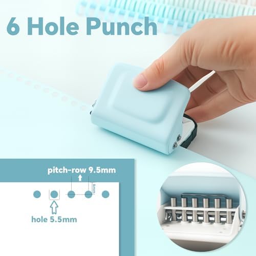 Spiral Binding Machine-Mini 6 Hole Puncher, DIY Creative Book Binder Machine for Planner, A4-30 Holes, A5-20 Holes, B5 26 Holes with 16 PCS 6-Hole Loose Leaf - Blue - Image 2