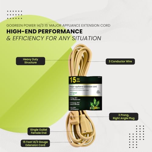 Go Green Power Inc. 15ft Appliance Cord, Beige - 14/3 SPT, Heavy Duty, Grounded, Kink-Free, 3 Prong Right Angle Plug for Large Indoor Appliances - Image 4