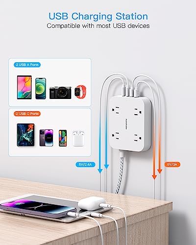 10 Ft Extension Cord, Flat Power Strip with 4 Outlets 4 USB Ports (2 USB C) - Image 3