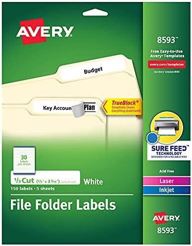 Avery File Folder Labels with TrueBlock Technology, Permanent Adhesive, 2/3" x 3-7/16", Laser/Inkjet, 150 Labels (08593) by Avery