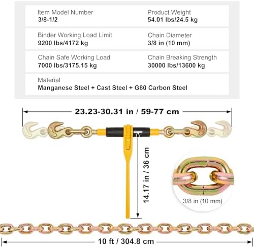 VEVOR Chain and Binder Kit, 3/8"-1/2" Ratchet Load Binders 9200 lbs Working Load Limit, 3/8" x 10' G80 Chains with Grab Hooks, Ratchet Binders and Chains for Truck, Tie Down, Hauling, Towing, 2 Set - Image 7