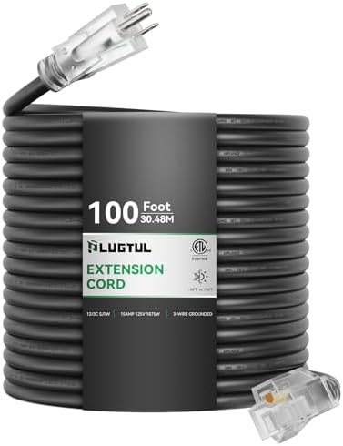 PLUGTUL 12 Gauge Extension Cord 100FT | Outdoor Extension Cord with Lighted End, Heavy Duty,15A 1875W SJTW, ETL Listed, Great for Garden and Home, Black by PLUGTUL