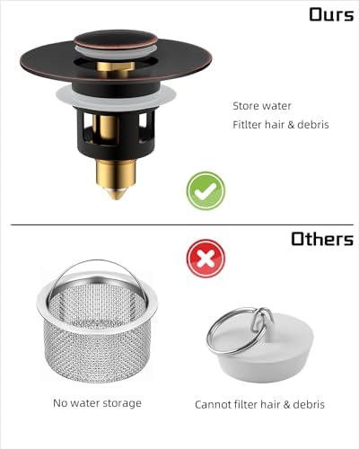 Hibbent All Metal Universal Bathroom Sink Stopper for 1.1''~2.3'' Basin, Pop Up Sink Drain Strainer, Brass Bullet Core Push Type Stopper, Stainless Steel Anti Clogging Drain Filter, Oil-Rubbed Bronze - Image 3