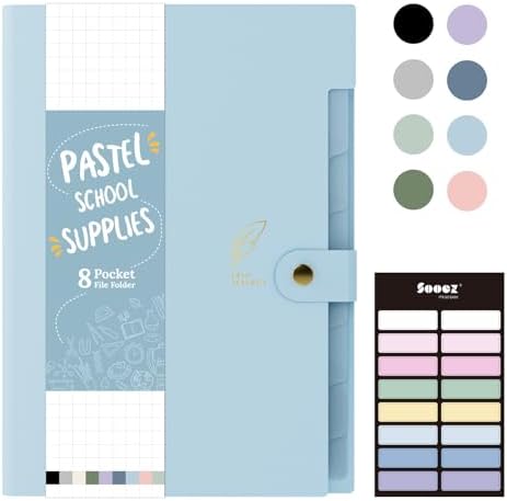 Sooez Aesthetic 8 Pocket Accordion File Organizer, Pastels Expanding File Folder for Important Document with Labels, Portable Receipt Bill Organizer for Office School Supplies, Letter Size Light Blue by Sooez