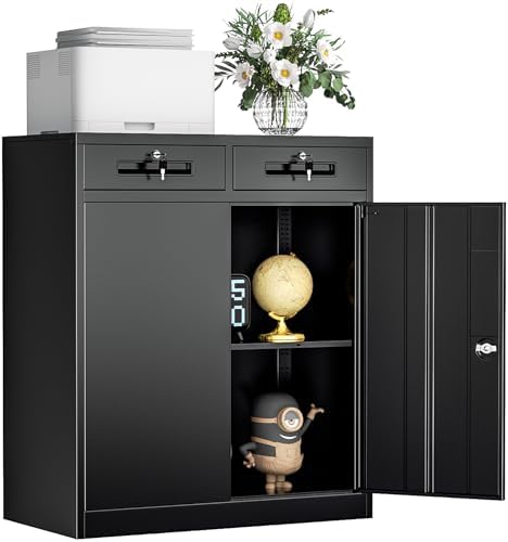 INTERGREAT Metal Storage Cabinet with Drawers, 36”H Lockable Office Storage Cabinets with 2 Doors and Adjustable Shelves, White Steel File Cabinet for Home Office, Garage, School, Apartment(Black) by INTERGREAT