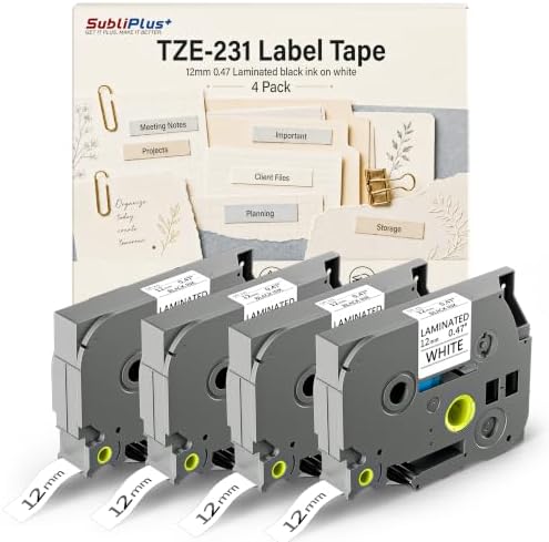 TZe-231 Label Maker Tape Compatible Brother, 12mm 0.47 Black on White 7-Layer Laminated, Labeling Tape Cassette Replacement for PT-D200 D210 D220 H110 E110 H100R H101C H200 D210VP and More(4 Pack) by SubliPlus%2B