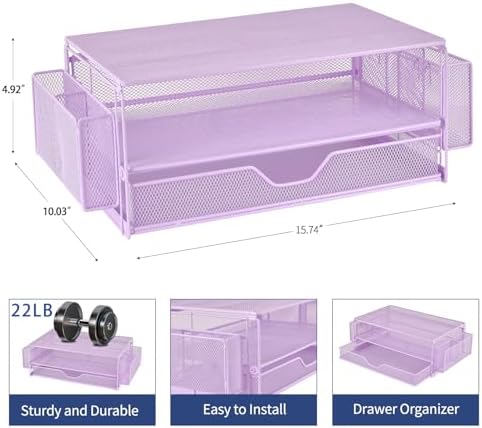 AUPSEN Computer Monitor Stands Riser，2-Tier Desk Organizers and Accessories, Office Desk Accessories Organizer with Drawers and 2 Pen Holder for Office Supplies (Purple) - Image 4